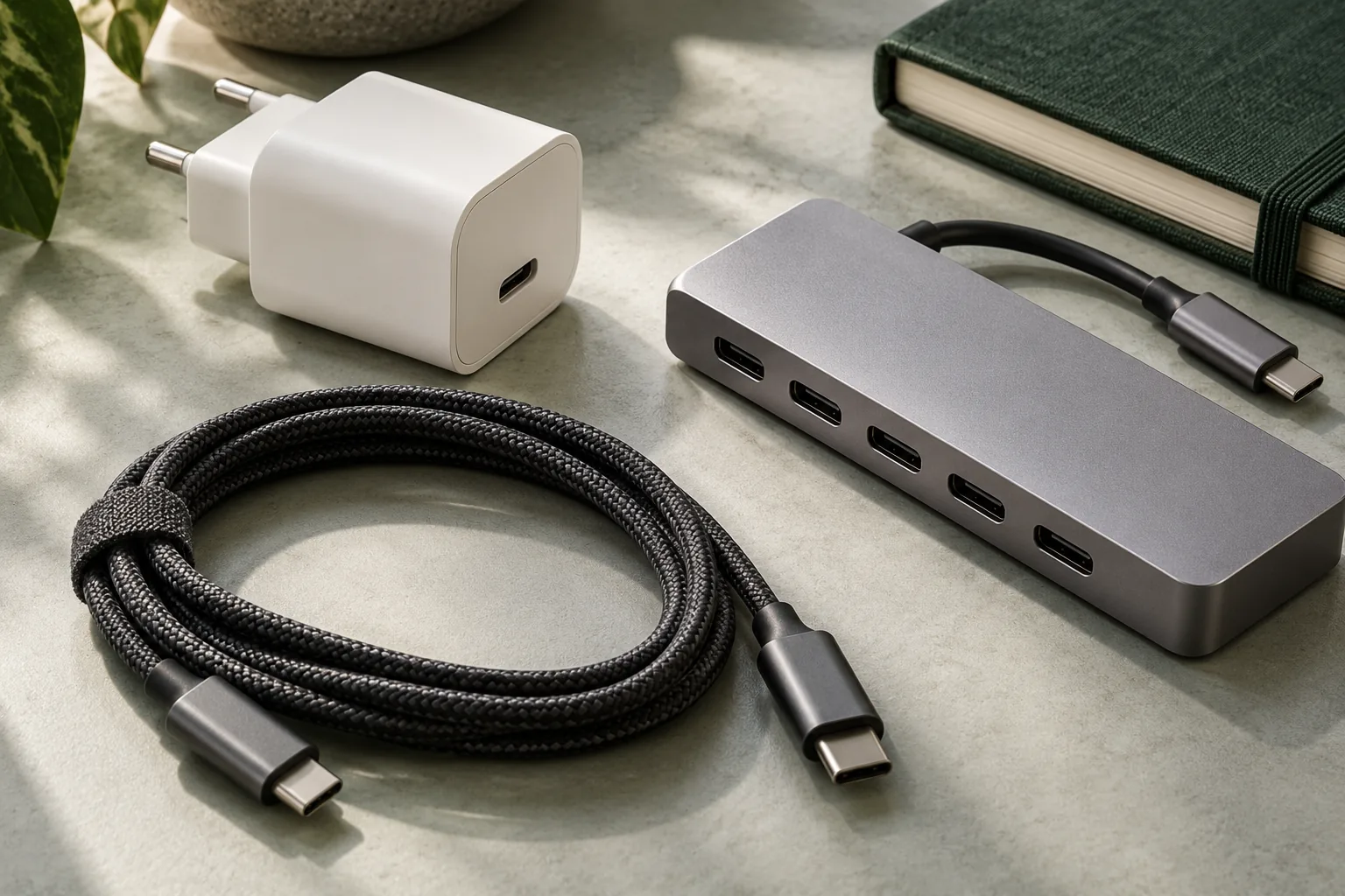 Ilustración editorial de accesorios USB-C, sin representar modelos concretos.
